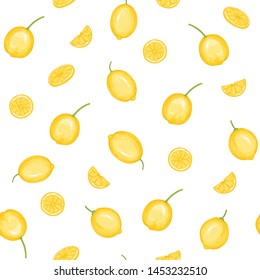 Lemon tree branch with lemons, flowers and leaves. Seamless pattern, background. Colored vector illustration. Isolated on white background.	