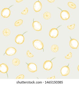 Lemon tree branch with lemons, flowers and leaves. Seamless pattern, background. Outline colored hand drawing vector illustration in soft colors on grey background.	