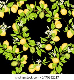 Lemon tree branch with lemons, flowers and leaves. Seamless pattern, background. Colored vector illustration. Isolated on black background.	