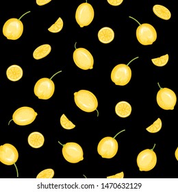 Lemon tree branch with lemons, flowers and leaves. Seamless pattern, background. Colored vector illustration. Isolated on black background.	