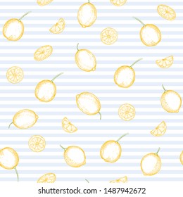 Lemon tree branch with lemons, flowers and leaves. Seamless pattern, background. Outline colored hand drawing vector illustration in soft colors on blue stripes background.	