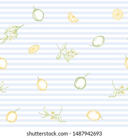 Lemon tree branch with lemons, flowers and leaves. Seamless pattern, background. Outline colored hand drawing vector illustration in soft colors on blue stripes background.	