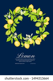 Lemon tree branch with lemons, flowers and leaves. Template for wedding invitation, greeting card, banner, gift voucher, label. Colored vector illustration.	