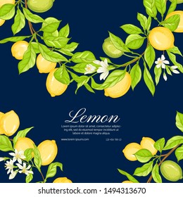 Lemon tree branch with lemons, flowers and leaves. Template for wedding invitation, greeting card, banner, gift voucher, label. Colored vector illustration.	