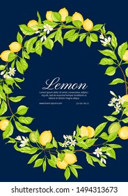 Lemon tree branch with lemons, flowers and leaves. Template for wedding invitation, greeting card, banner, gift voucher, label. Colored vector illustration.	