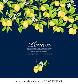 Lemon tree branch with lemons, flowers and leaves. Template for wedding invitation, greeting card, banner, gift voucher, label. Colored vector illustration.	