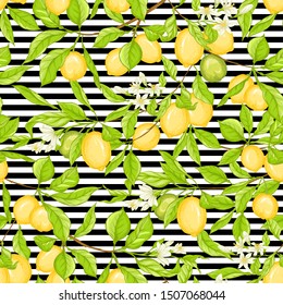 Lemon tree branch with lemons, flowers and leaves. Seamless pattern, background. Colored vector illustration. On black and white stripes background.	