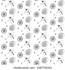 Lemon tree branch with lemons, flowers and leaves. Seamless pattern, background. Outline hand drawing vector illustration in black, white colors.