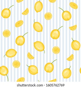 Lemon tree branch with lemons, flowers and leaves. Seamless pattern, background. Colored vector illustration. On blue and white stripes background..