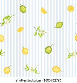 Lemon tree branch with lemons, flowers and leaves. Seamless pattern, background. Colored vector illustration. On blue and white stripes background..