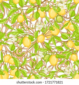 Lemon tree branch with lemons, flowers and leaves and wood carving in art nouveau style, retro style. Seamless pattern, background. Colored vector illustration. Isolated on white background..