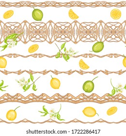 Lemon tree branch with lemons, flowers and leaves and wood carving in art nouveau style, retro style. Seamless pattern, background. Colored vector illustration. Isolated on white background..