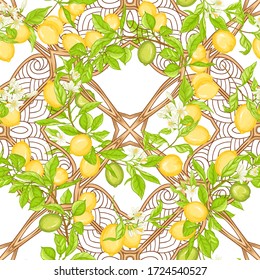 Lemon tree branch with lemons, flowers and leaves and wood carving in art nouveau style, retro style. Seamless pattern, background. Colored vector illustration. Isolated on white background..