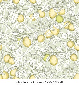 Lemon tree branch with lemons, flowers and leaves and wood carving in art nouveau style, vintage, old, retro style. Seamless pattern, background. Colored vector illustrationin soft green colors..