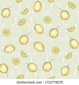 Rama de limón con limones, flores y hojas y tallado de madera en estilo Art Nouveau, vintage, antiguo, retro. Patrón sin brillo, fondo. Ilustración vectorial de color en colores verde suave.