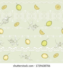 Lemon tree branch with lemons, flowers and leaves and wood carving in art nouveau style, vintage, old, retro style. Seamless pattern, background. Colored vector illustrationin soft green colors..