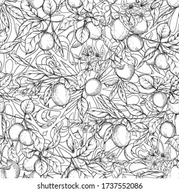 Lemon tree branch with lemons, flowers and leaves and wood carving in art nouveau style, vintage, old, retro style. Seamless pattern, background. Outline colored vector illustration