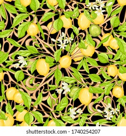 Lemon tree branch with lemons, flowers and leaves and wood carving in art nouveau style, vintage, retro style. Seamless pattern, background. Colored vector illustration. Isolated on black background