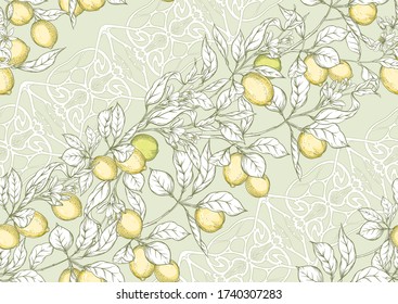 Lemon tree branch with lemons, flowers and leaves and wood carving in art nouveau style, vintage, old, retro style. Seamless pattern, background. Colored vector illustrationin soft green colors..