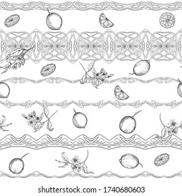 Lemon tree branch with lemons, flowers and leaves and wood carving in art nouveau style, vintage, old, retro style. Seamless pattern, background. Outline colored vector illustration