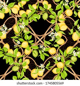 Lemon tree branch with lemons, flowers and leaves and wood carving in art nouveau style, vintage, retro style. Seamless pattern, background. Colored vector illustration. Isolated on black background