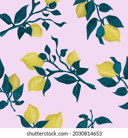 Lemon tree branch with lemons and leaves. Seamless pattern, background. Outline hand drawing vector illustrations in yellow, green, and pink colors. Summer romantic cover, tropical wallpaper.
