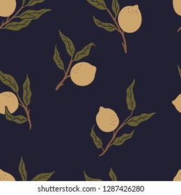 Lemon tree branch seamless pattern vector illustration blue yellow brown green vintage victorian  botanical