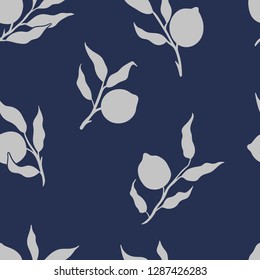 Lemon tree branch seamless pattern vector illustration blue silver vintage victorian  botanical
