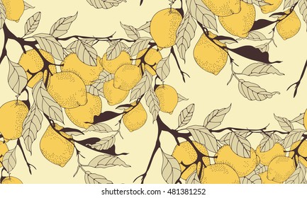 lemon tree branch seamless pattern in sepia shades