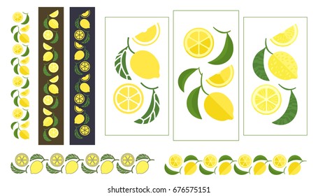 Lemon tree branch. Set of colored design ornament elements