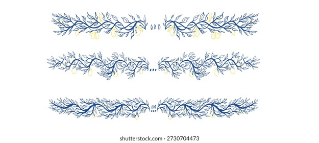 Zitronenbaum Zweig Text blau Teiler. Mittelmeerseite Betonung Grenze mit dekorativen Blatt, Zitrusfrüchte Elemente. Handgezeichnete Laublinie Amalfi Sommermotiv für Menü-Design. Vektortexttrennzeichen.