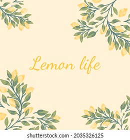 Lemon tree branches square shape template, isolated on white background