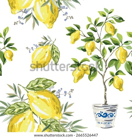 Lemon tree in a ceramic pot and yellow lemon fruits with green leaves arrangements on the white background. Vector illustration. Seamless pattern. Summer garden. Italian patio