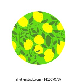 Lemon tree circle background. Citrus pattern with fruits, leaves and branches. Tropical and summer print, texture, typography design. Vector illustration.