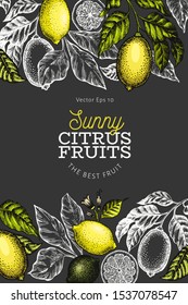 Lemon tree design template. Hand drawn vector fruit illustration on dark background. Engraved style banner. Vintage citrus design.