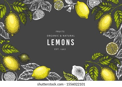 Lemon tree design template. Hand drawn vector fruit illustration on dark background. Engraved style banner. Retro citrus background.