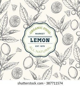 Lemon tree design template. Vector seamless pattern with hand drawn lemon fruit, flowers and leaves sketch. Vintage floral background isolated on white.  