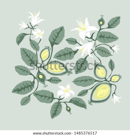 Lemon tree with flowers and fruits. Designed for repeat when printing. Rapport. Vector.