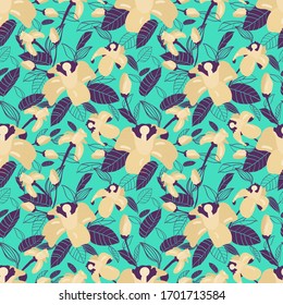 Lemon tree flowers,buds and leaves in deep purple and light noughat colors. Seamless pattern on green background. Endless texture for websites, banners, prints, decorations, covers, fabrics, wrappings