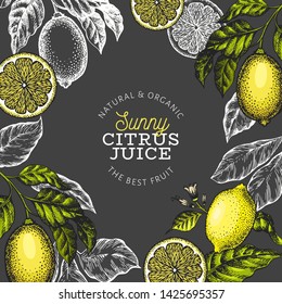 Lemon tree frame template. Hand drawn vector fruit illustration on dark background. Engraved style banner. Vintage citrus design.