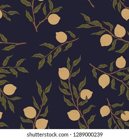 Lemon tree leaves branch seamless pattern vector illustration blue yellow brown green vintage victorian  botanical