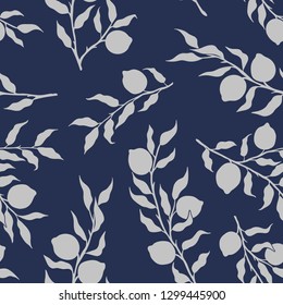 Lemon tree leaves branch seamless pattern vector illustration blue silver vintage victorian  botanical