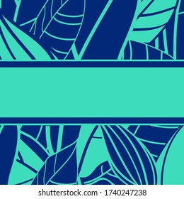 Lemon tree leaves greeting card template in turquoise and blue colors. Hand drawn vector. Botanical design. Can be used for websites, banners, invitation, greeting, thank you and save the date cards.