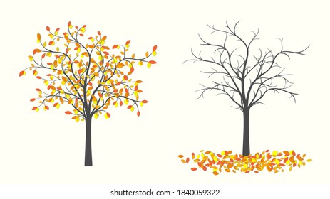 Lemon tree with leaves and yellow lemons in two versions with leaves and without leaves on a light background
