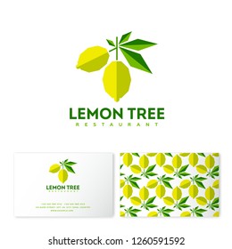 Lemon Tree Logo. Restaurant emblem. Lemons with leaves like an applique. Business card and seamless pattern.