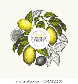 Lemon Tree Logo Template. Hand Drawn Vector Fruit Illustration. Engraved Style Banner. Vintage Citrus Design.