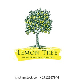 Lemon Tree Mediterranean Cuisine Organic Handmade Sign Concept. Fresh Local Farm Lemonade Fruit Craft Illustration