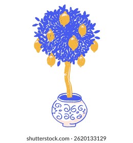 Lemon tree in naive summer style. Pencil textured hand drawn isolated illustration with lemons on a tree in a pot.