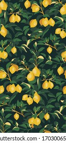 Lemon tree on dark background. Seamless pattern. Vector illustration.