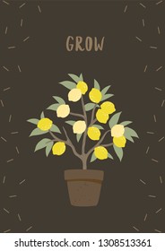 Lemon tree in a pot cute card. Vector illustration.